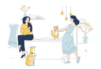 Fototapeta premium Women washing pets. Young girls bathe cat in bathroom. Cleanliness and hygiene. Owners care about kitte. Grooming of domestic animals. Linear vector illustration isolated on white background