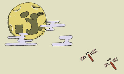 ベージュのお月見の背景イラスト、とんぼとともに。ペン画風の手描きタッチ。　月にはうさぎの影。 © chockwhooll