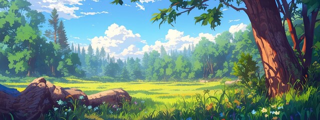 Panoramic landscape of the summer forest. Cartoon illustration.