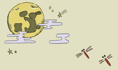 星で彩る、お月見の背景イラスト、とんぼとともに。ペン画風の手描きタッチ。　月にはうさぎの影。 © chockwhooll