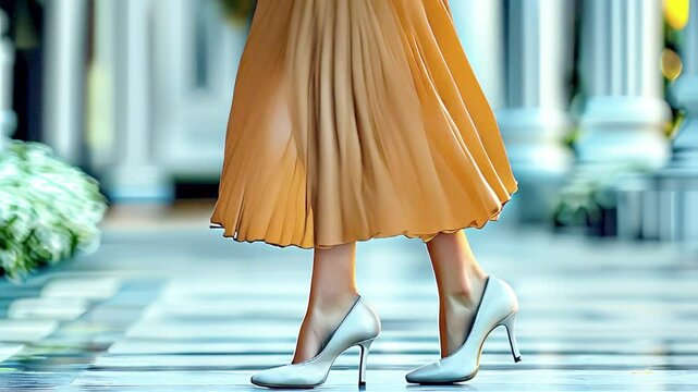 Women's legs in a long dress and high-heeled shoes, close-up.	
