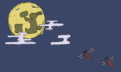 夜空のお月見背景イラスト、とんぼとともに。ペン画風の手描きタッチ。　月にはうさぎの影。 © chockwhooll