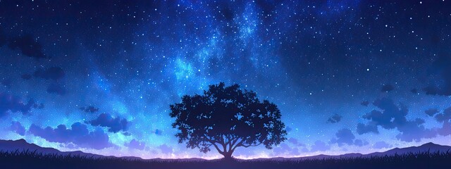 The landscape of the night starry sky. Cartoon illustration.
