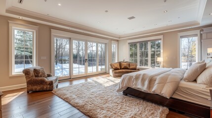 Fototapeta premium A spacious master bedroom suite with a walk-in closet, sitting area, and large windows.