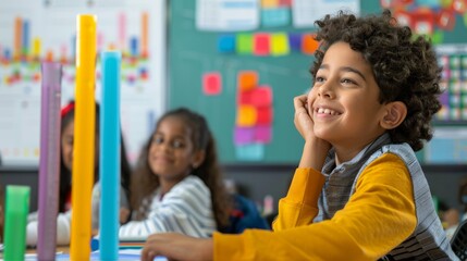 A student analyzing educational data on a bar graph during a classroom presentation.