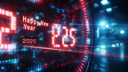 Digital Countdown Clock A futuristic digital clock displaying the countdown to midnight, with Happy New Year text and dynamic lighting effects