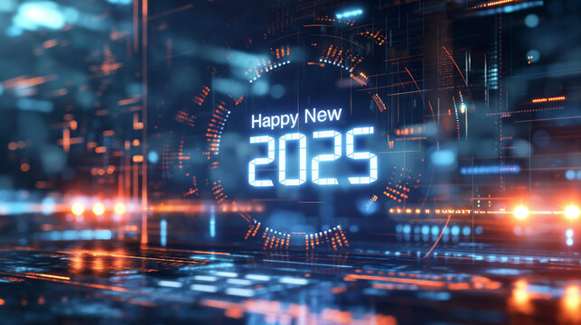 Digital Countdown Clock A futuristic digital clock displaying the countdown to midnight, with Happy New Year text and dynamic lighting effects