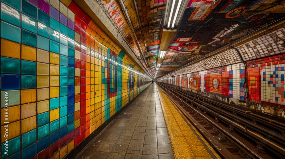 Poster a subway station with colorful tiled walls and architectural details.