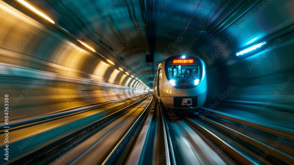 Poster a subway train speeding through an urban tunnel with motion blur.