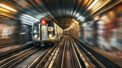 Obraz premium A subway train speeding through an urban tunnel with motion blur.