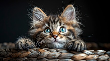 Maine Coon kitten on a black background, captured in a studio portrait, highlighting its majestic beauty