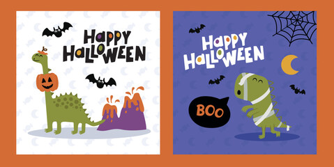 Fototapeta premium Happy Halloween illustration set with dinosaurs in the fun costumes. 