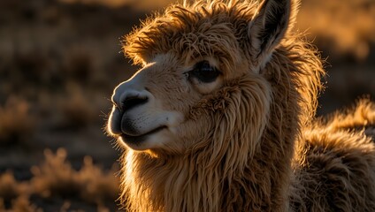 Obraz premium The intricate patterns of a llama's wool under the golden light of sunset ai_generated