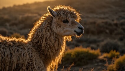 Obraz premium The intricate patterns of a llama's wool under the golden light of sunset ai_generated