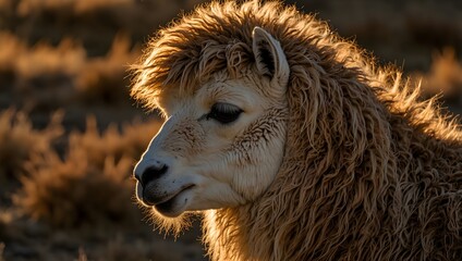 Obraz premium The intricate patterns of a llama's wool under the golden light of sunset ai_generated