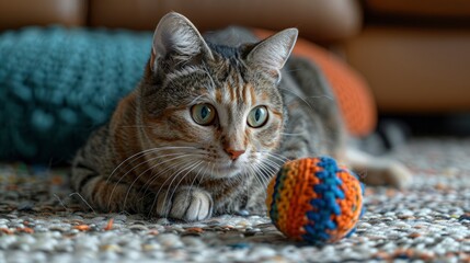 Portrait of a well-fed, multicolored cat playing with an interactive cat teaser toy, highlighting its playful and content nature