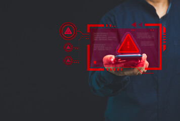 Professional displaying red alert symbol - digital security warning.