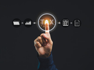 Hand touching digital tax icons - financial management technology concept.