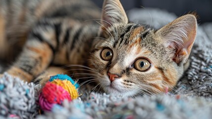 Portrait of a well-fed, multicolored cat playing with an interactive cat teaser toy, highlighting its playful and content nature