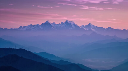 Fototapeta premium A photograph of a snow-capped mountain range at dusk, pastel pink and purple sky, majestic peaks, serene and tranquil atmosphere
