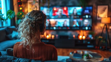 Fototapeta premium Woman watching multiple video calls on large screen, cozy living room setup with candles and decorations, back view.