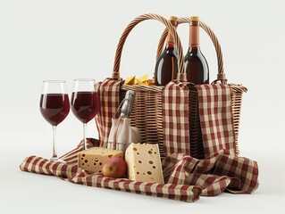 a picnic basket with wine and cheese, outdoor dining, detailed rendering, multicolored, isolated on white background