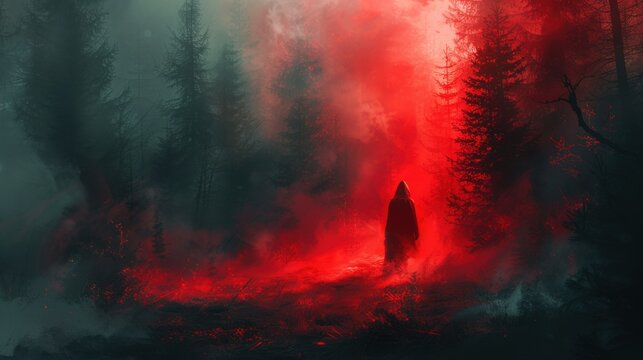 A spooky forest bathed in a red glow, with a lone, hooded figure walking through the mist. The environment is filled with dark shadows, eerie trees, and an overall sense of dread and mystery