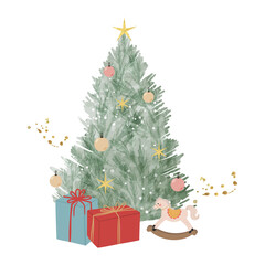 Green watercolor decorative christmas tree with hanging bauble, rocking horse and gift vector illustration. 