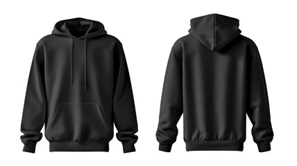 front and back view of blank black hoodies sweatshirts for design presentation mockup or print advertising isolated white background.