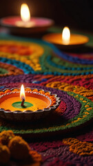 Close-up of a diya lamp with a flickering flame on rangoli pattern