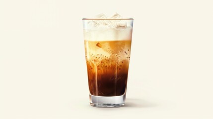 a glass of iced latte with foam, summer coffee drink, photorealistic, brown and white, isolated on white background