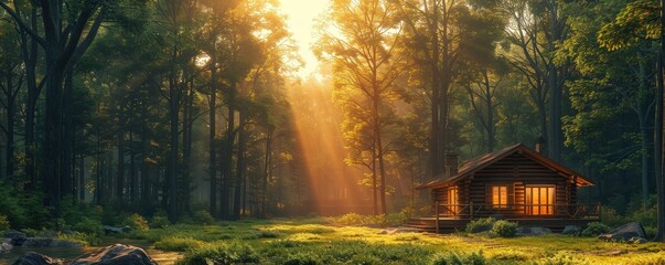 Fototapeta premium Wooden cabin in a sunlit forest with glowing rays of sunrise. Serene, peaceful morning in nature. Cozy retreat surrounded by trees.