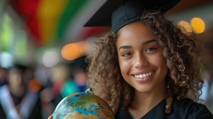 Naklejka premium Happy graduate student holding a globe, celebrating graduation ceremony with a bright smile and a background of colorful banners.