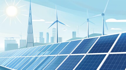 Cutting-edge application of renewable energy in industrial settings, featuring solar panels and wind turbines integrated into factories, promoting environmental responsibility