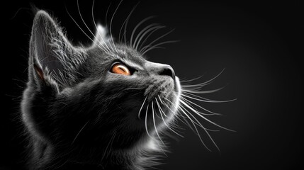 Dark gray cat against a black background, creating a striking and mysterious visual
