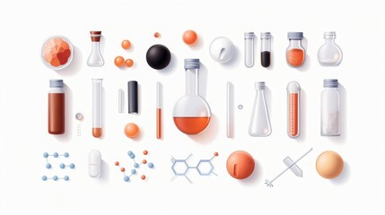 Collection of various materials, including substances, elements, and components, meticulously arranged to showcase the diversity of matter, flat design illustration