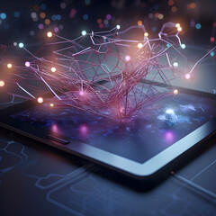Detailed Neural Network Diagram on Digital Tablet with Soft Ambient Lighting