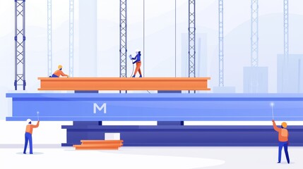 Detailed view of fabricating steel beams, workers welding and assembling components, highlighting the intricate process of creating a strong structure, flat design illustration