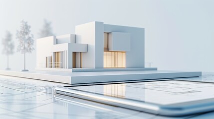Fototapeta premium Digital building plan application, featuring interactive 3D renderings and detailed schematics, showcasing innovative construction planning, flat design illustration