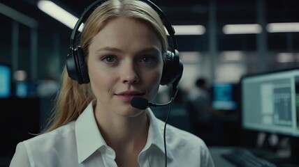Friendly customer support service operator with headset working in call centre.