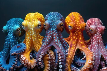 Colorful Octopus Group in Fashionable Attire for Party Invite or Ad with Copy Space on Solid Background