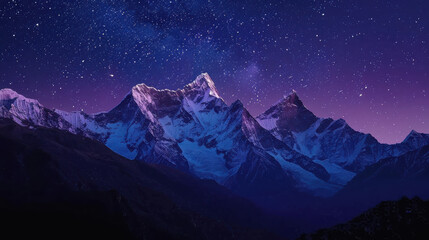 A photograph of a snow-capped mountain range under a starry night sky, deep blue and purple tones, towering peaks, peaceful and majestic scene