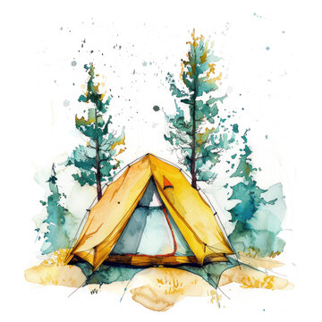 recommend clip art: Camping watercolor illustration isolated on transparent. Christmas png file for art work.