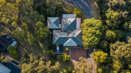 Aerial view of an Australian home surrounded by lush greenery, showcasing architectural details and landscape design.
