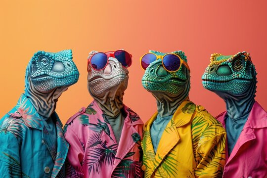 Vibrant T-Rex Group in Fashionable Outfits for Birthday Party Invite with Ad Copy Space on Solid Background