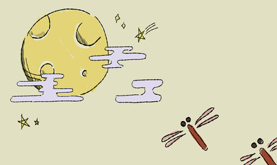 星で彩る、お月見の背景イラスト、とんぼとともに。ペン画風の手描きタッチ。 © chockwhooll