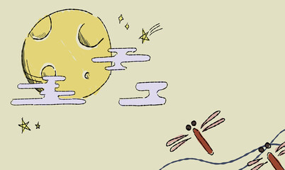 星で彩る、お月見の背景イラスト、とんぼとともに。ペン画風の手描きタッチ。 　模様付き。 © chockwhooll