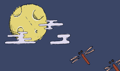 夜空のお月見背景イラスト、とんぼとともに。ペン画風の手描きタッチ。 © chockwhooll