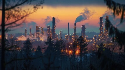 Obraz premium Industrial plant with smoke stacks and lights, set against a sunset sky, viewed through trees in the foreground.