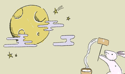 星で彩る、お月見の背景イラスト、餅を搗くうさぎとともに。ペン画風の手描きタッチ。